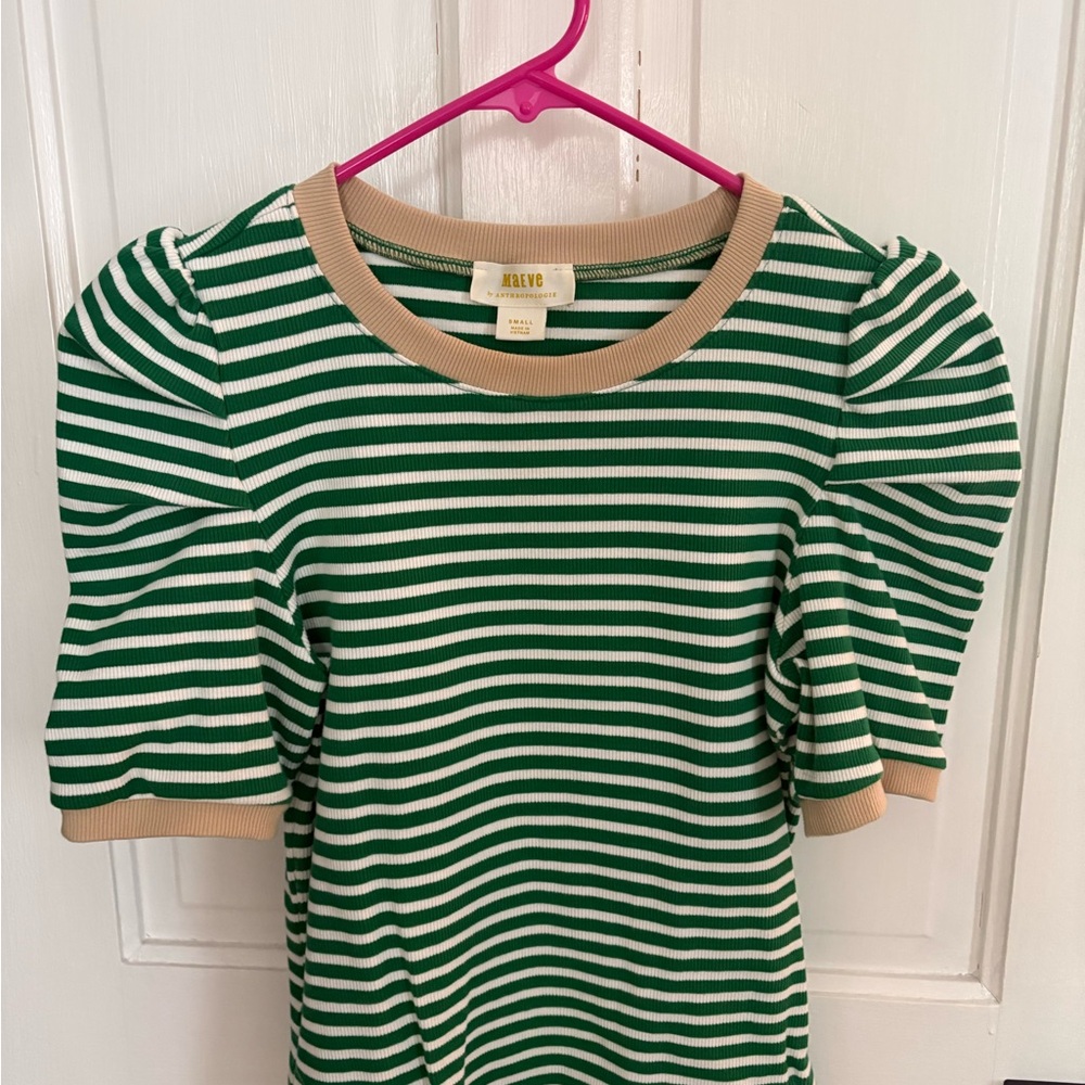 Anthropologie Green and Cream Puffy Sleeve Top. Size S.